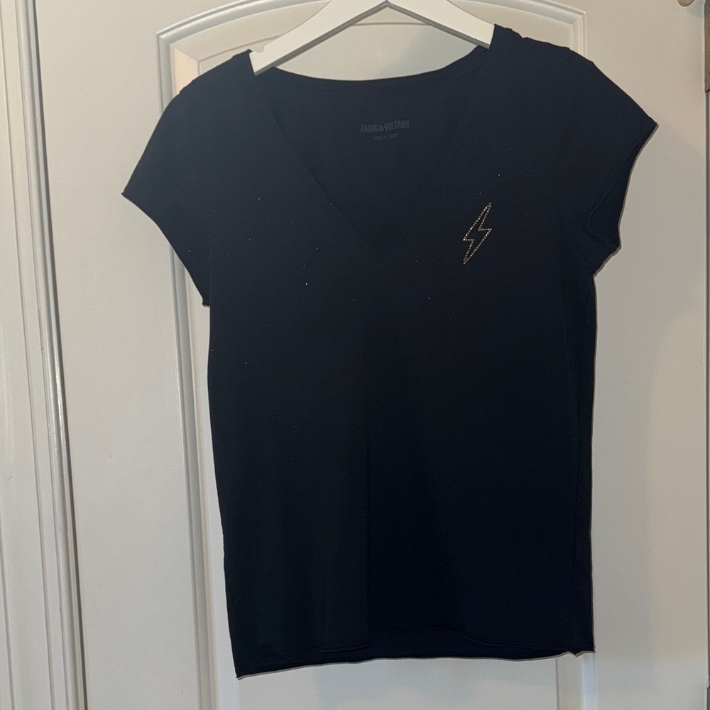 Black V-Neck Women Top with Lightning Detail and gold flecks